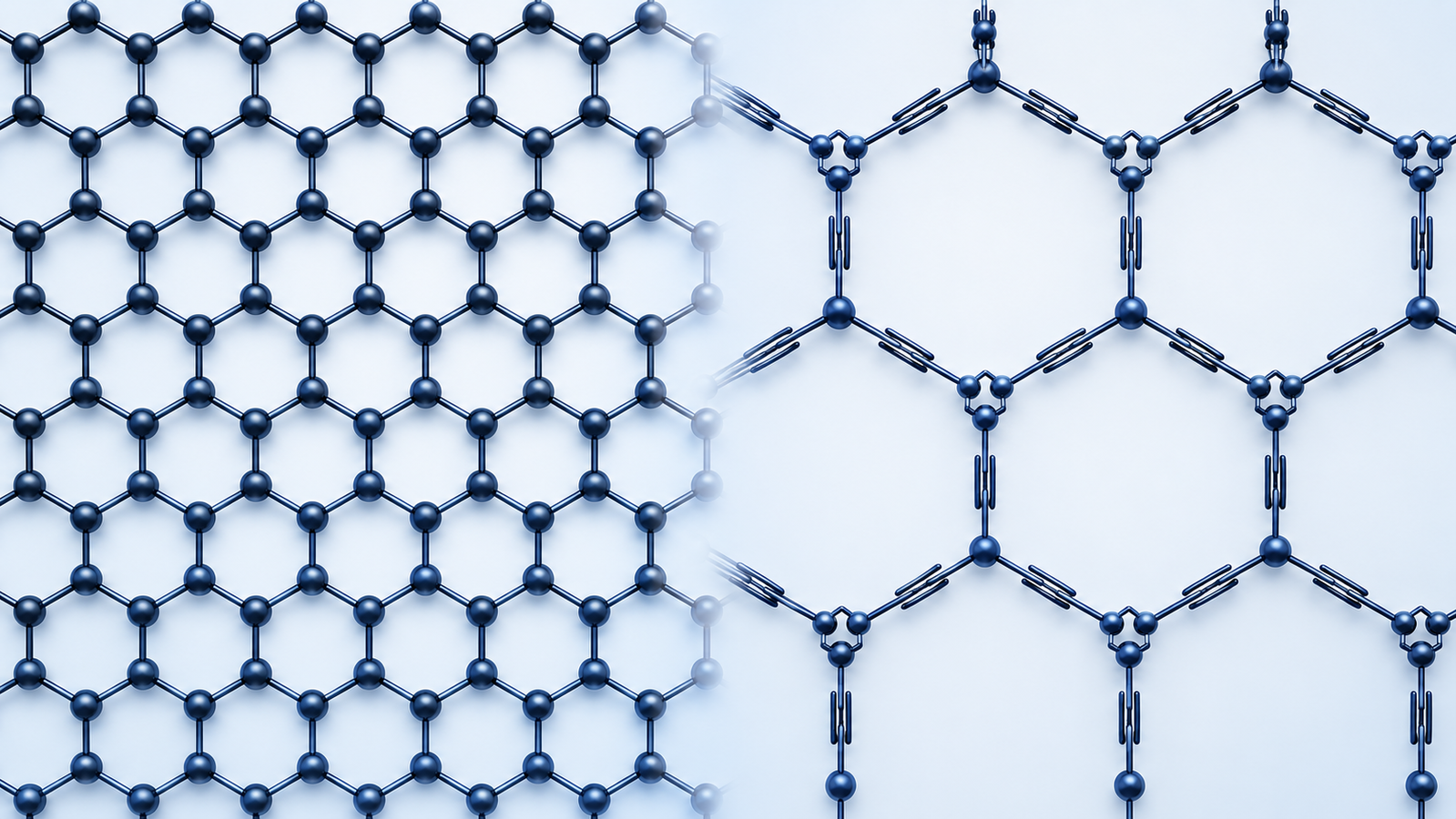 Side-by-side atomic lattices of graphene and graphyne showing the acetylenic carbon linkers and pores that distinguish them