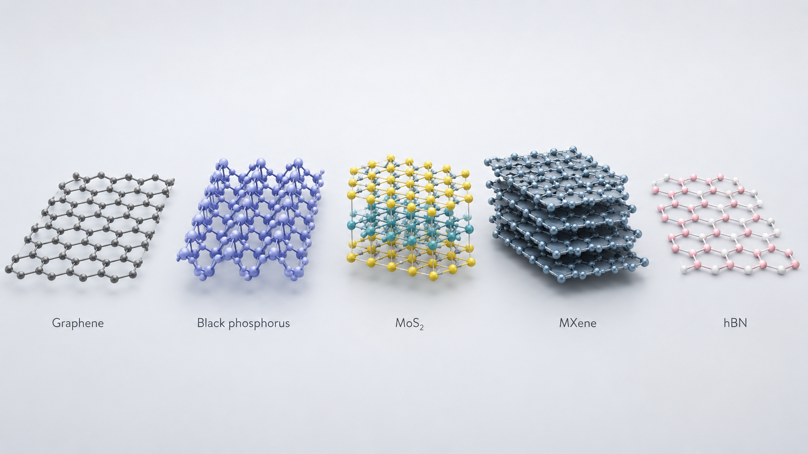Array of graphene-like two-dimensional crystal lattices: graphene, black phosphorus, MoS2, MXene, and hexagonal boron nitride