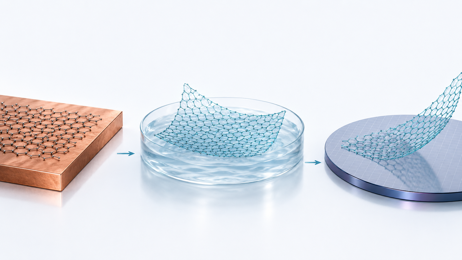 A single-atom-thick graphene sheet being lifted from a copper growth foil and laid onto a target wafer, illustrating the graphene transfer step