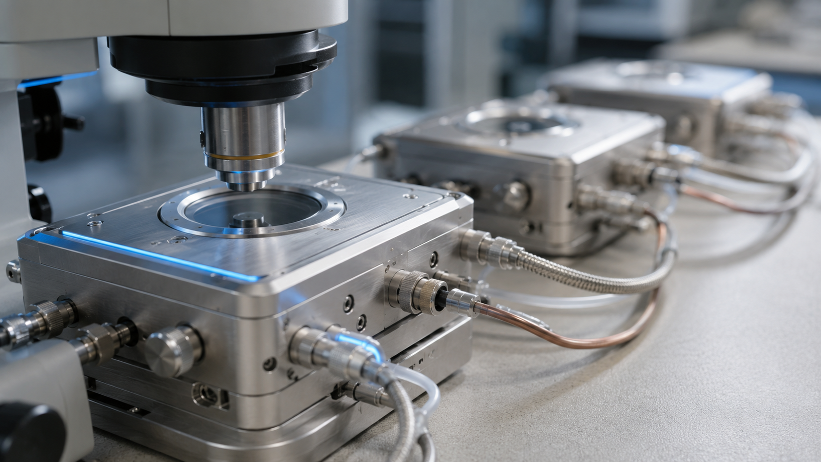Choosing an in-situ heating and cooling stage: a family of InSitu Pro stages on a laboratory bench, the selected stage in focus under a microscope objective