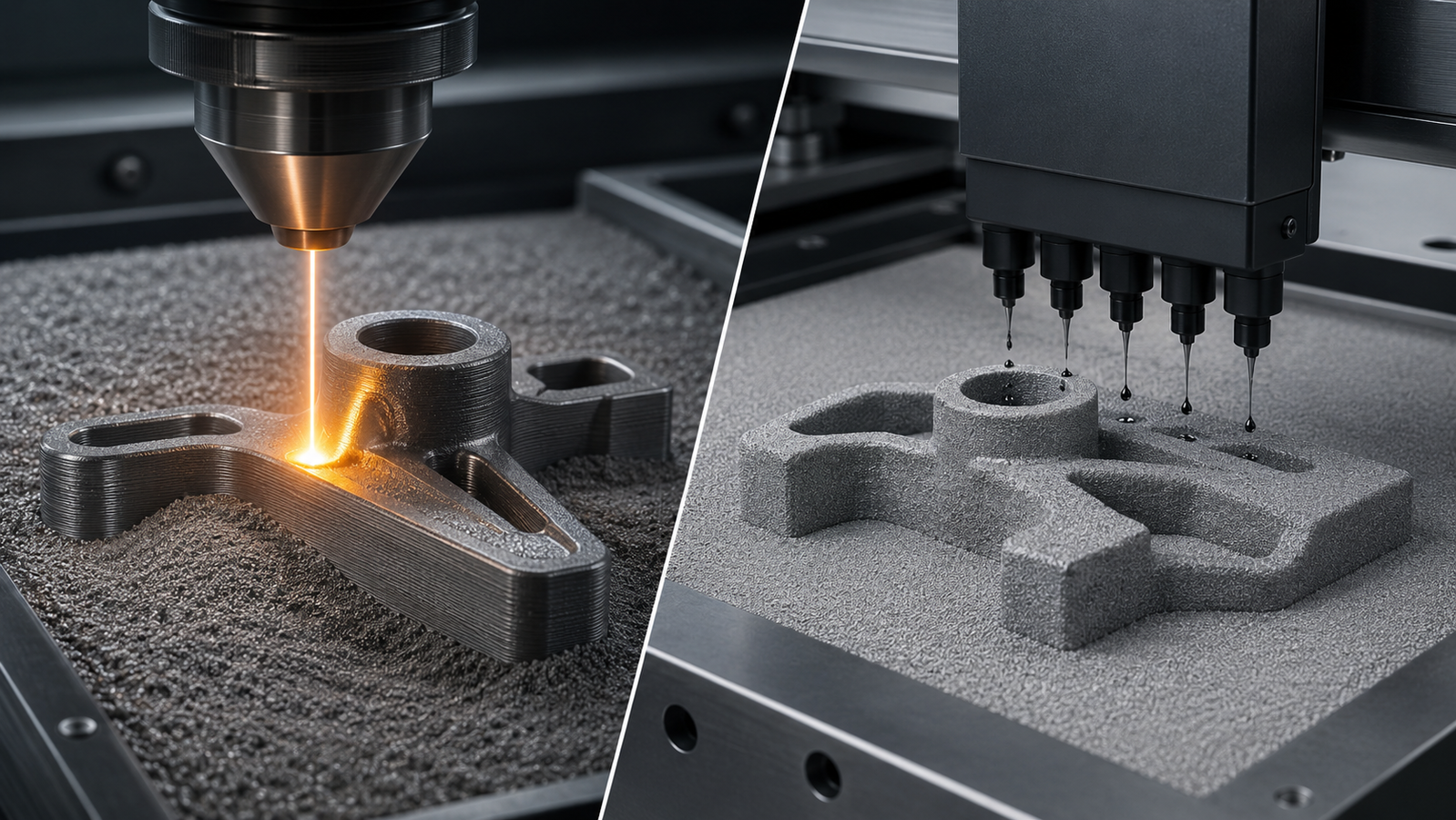 Laser powder bed fusion (SLM/DMLS) versus binder jetting for metal 3D printing: a laser melting metal powder compared with binder deposited onto a powder bed