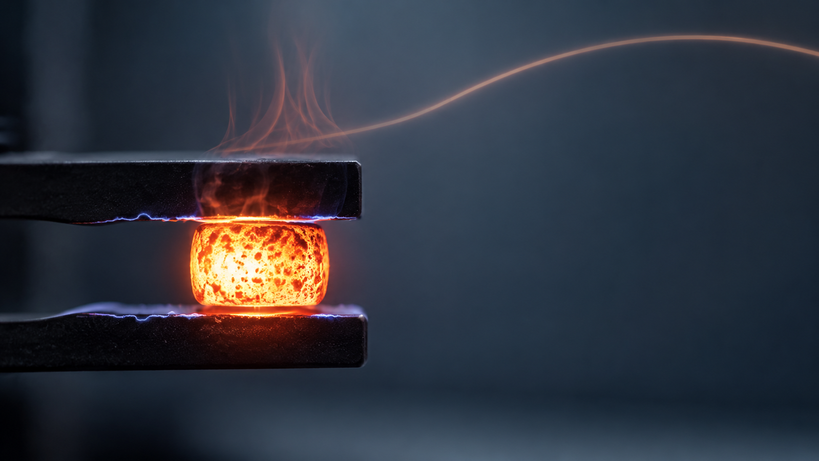 A pressed ceramic pellet glowing white-hot between two dark graphite electrodes as resistive (Joule) heating drives it to incandescence, with a faint temperature-versus-time curve in the background