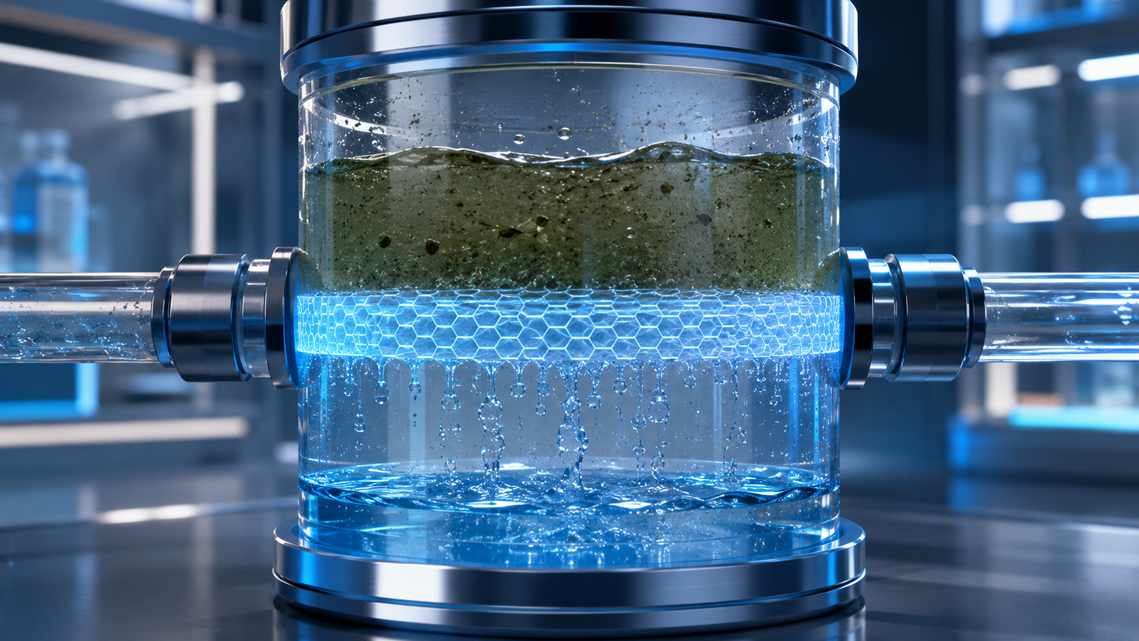 Graphene-oxide membrane cross-section: water passes through the nanochannels while larger ions and contaminants are blocked