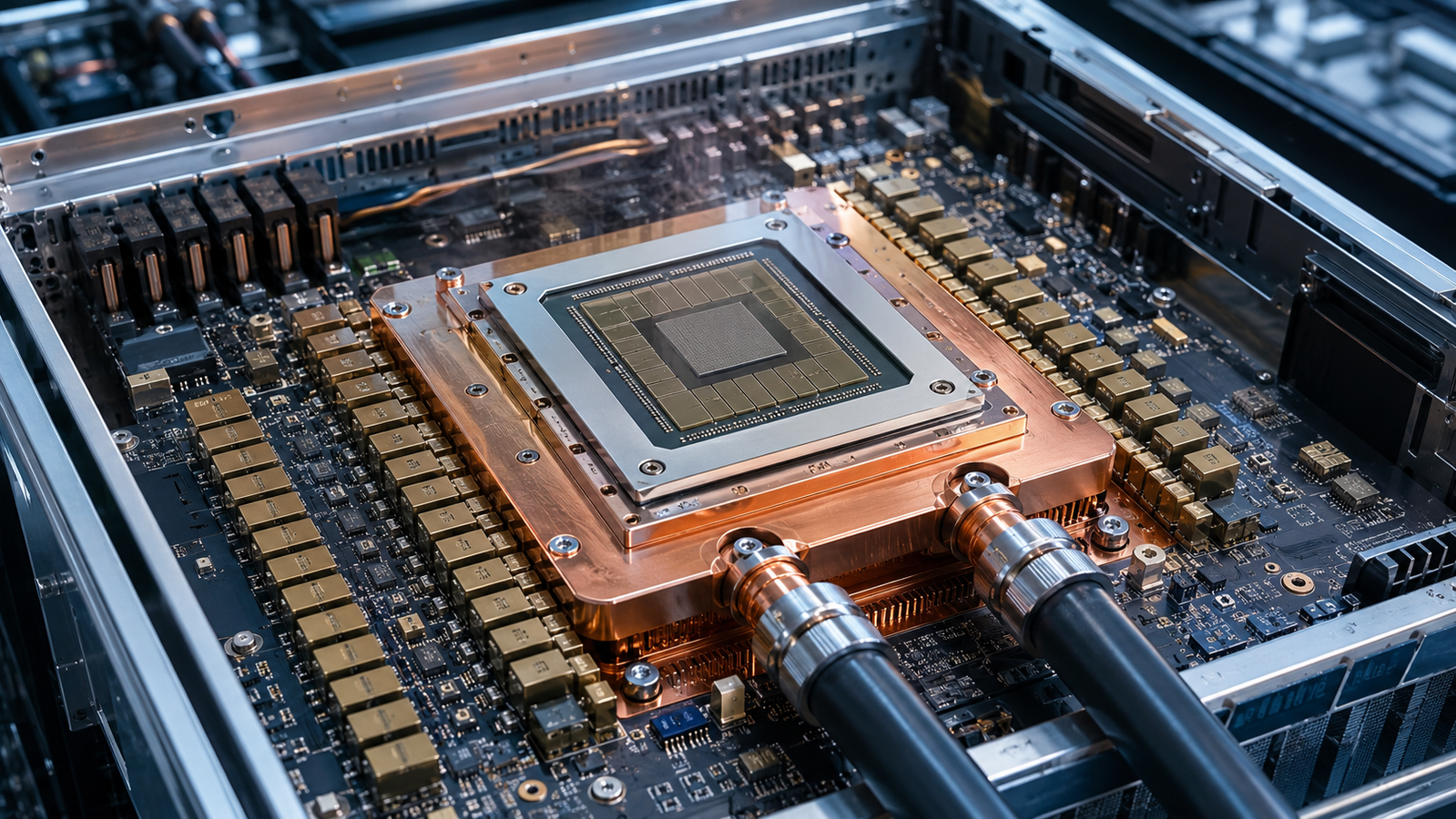 Close view of a high-power AI accelerator package on a liquid cold plate, with dense power delivery hardware around it inside a server chassis