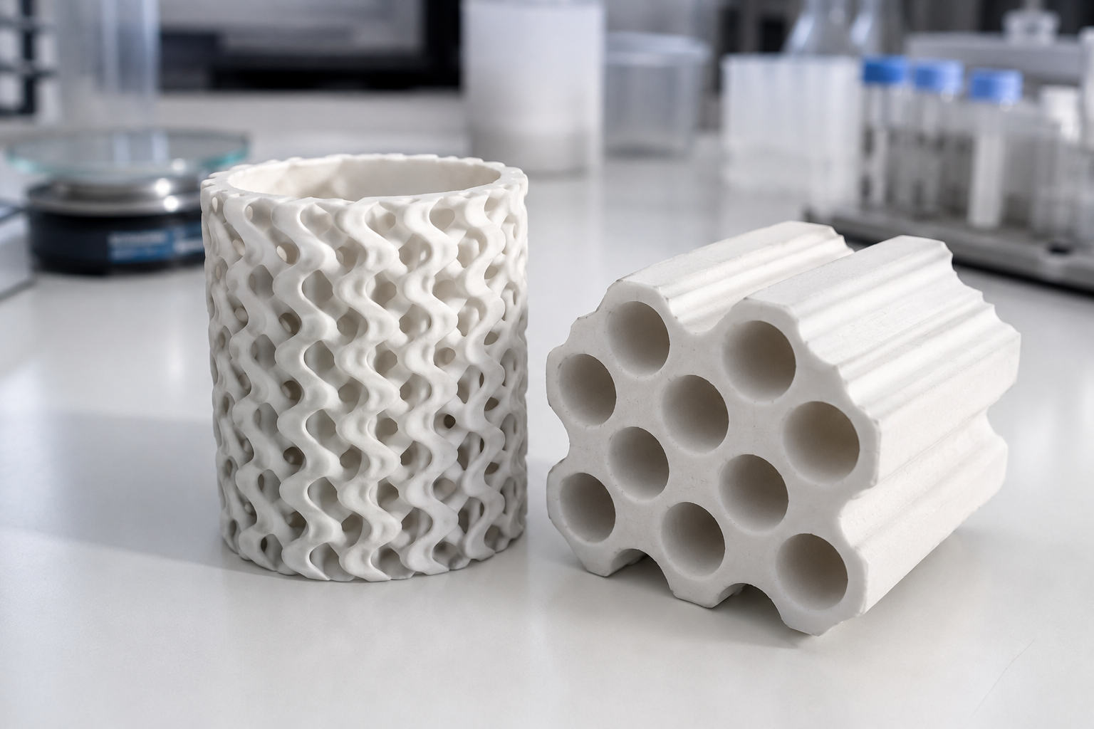 White technical ceramic 3D printed parts including a fine gyroid lattice and a multi channel honeycomb block on a clean laboratory bench