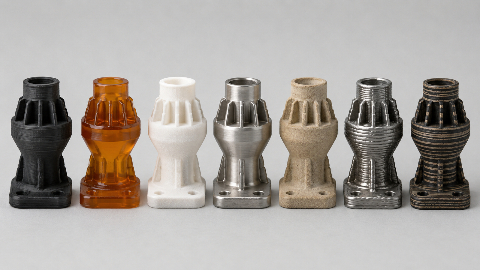 One small industrial nozzle component shown seven times in a row, each version rendered in the characteristic material and surface finish of a different 3D printing process family, from black layered thermoplastic and glossy amber resin to sintered white polymer, fused metal, sand-toned binder-jetted ceramic, weld-beaded deposition, and laminated sheet material