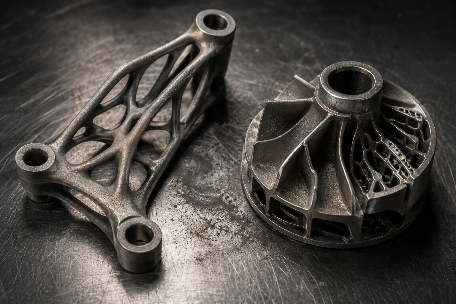 Dense laser-fused metal 3D printed parts including a topology optimized bracket and an impeller with fine internal channels, shown with a subtle brushed metal sheen on a dark workshop surface