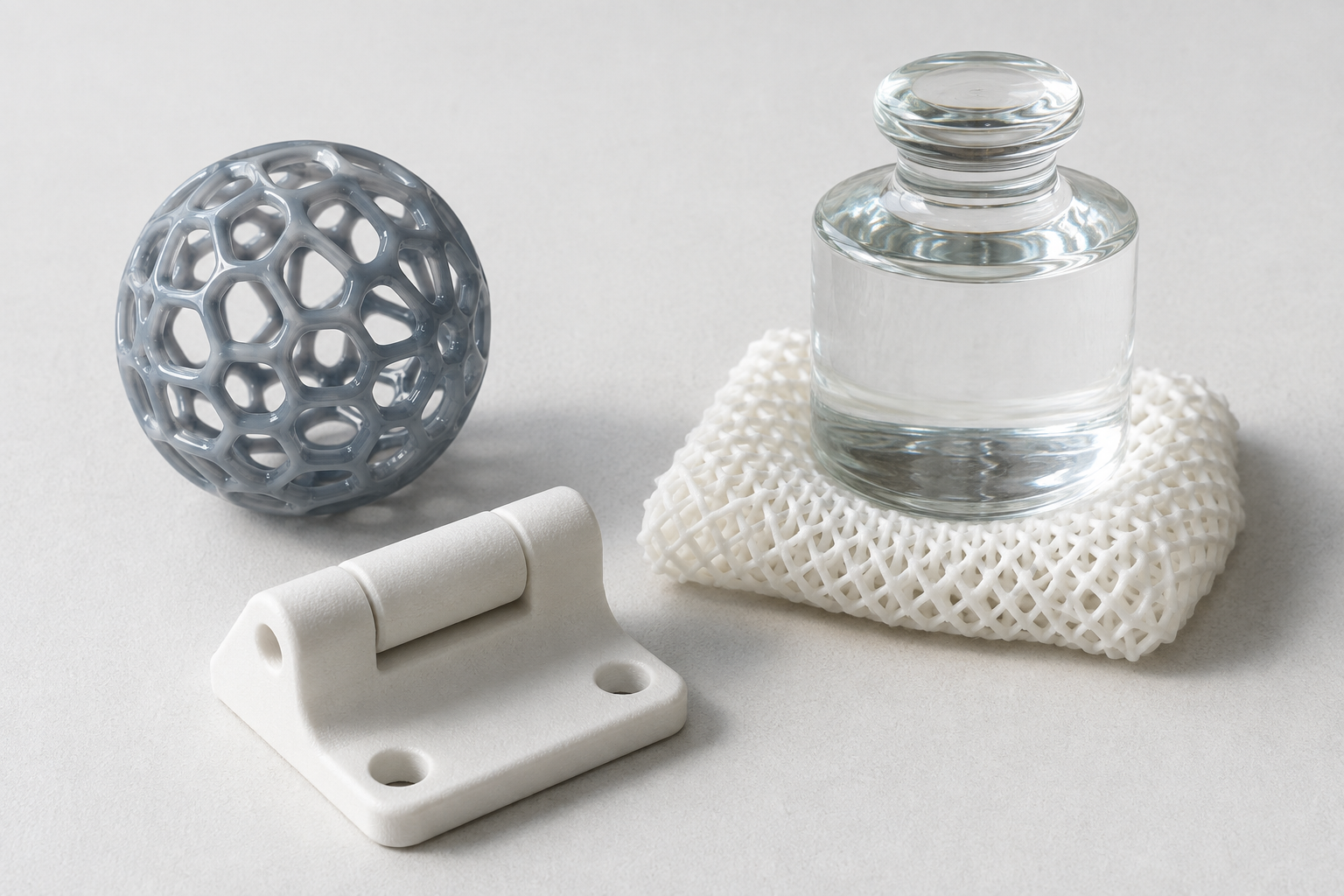 A collection of polymer 3D printed parts including a smooth glossy resin lattice, a matte nylon hinge, and a flexible white elastomer lattice pad, arranged on a clean studio surface