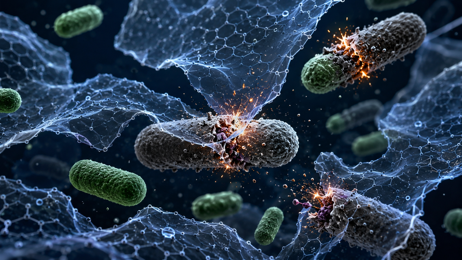 Graphene oxide nanosheets physically cutting bacterial membranes, illustrating an antibacterial mechanism against drug-resistant bacteria