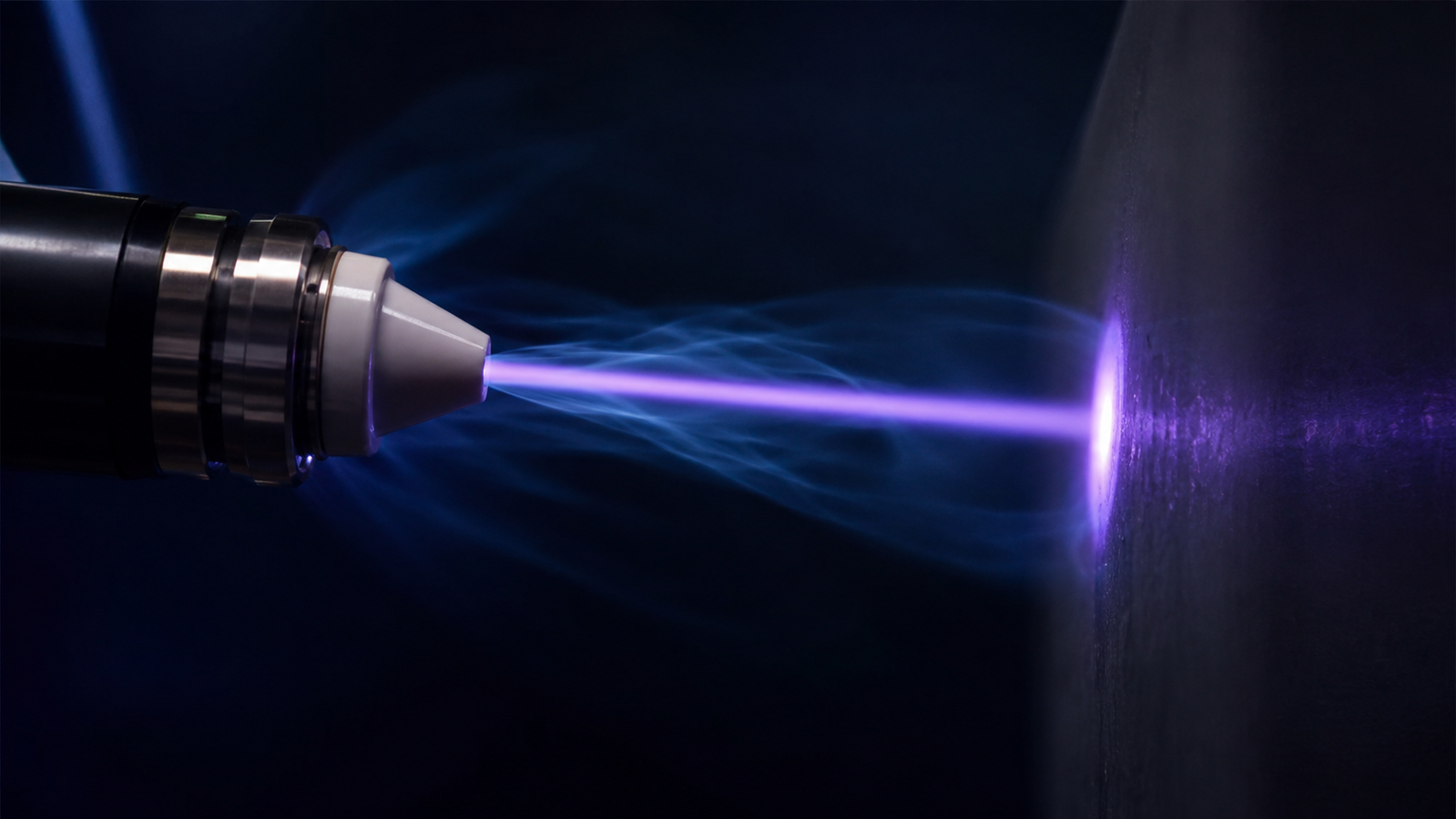 Atmospheric-pressure plasma jet emitting a slim violet cold-plasma plume from its nozzle toward a surface in open air