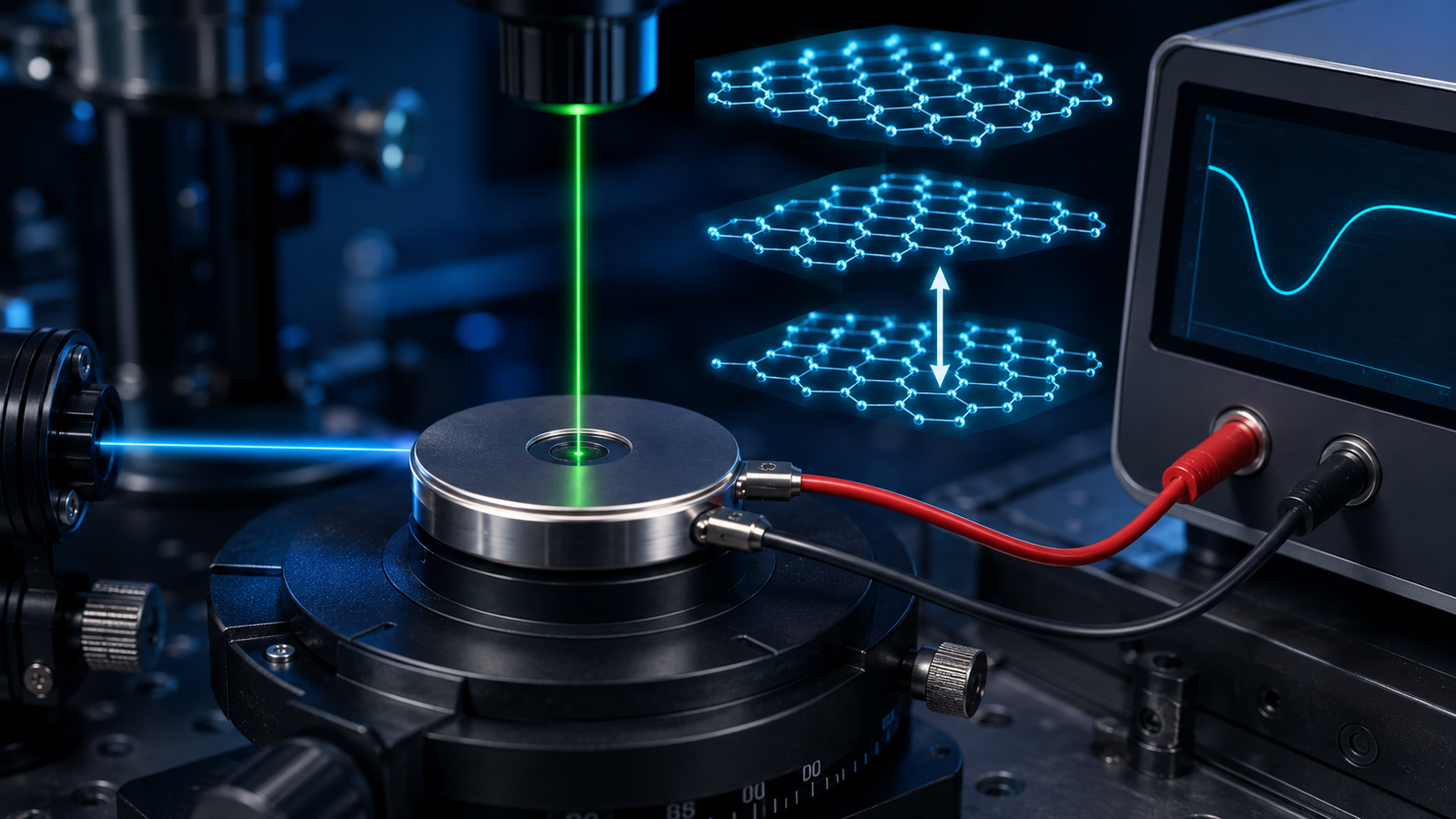 Working battery cell on a temperature stage probed by an X-ray beam and a Raman laser while a potentiostat records the voltage curve