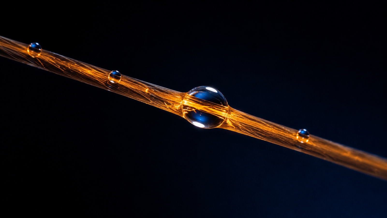 A single translucent biological fiber — hair-like, with faint scale texture along its surface — stretched across darkness, warm light travelling its length while tiny beads of moisture cling along it, each bead glowing a colder blue-white where it interrupts the amber flow