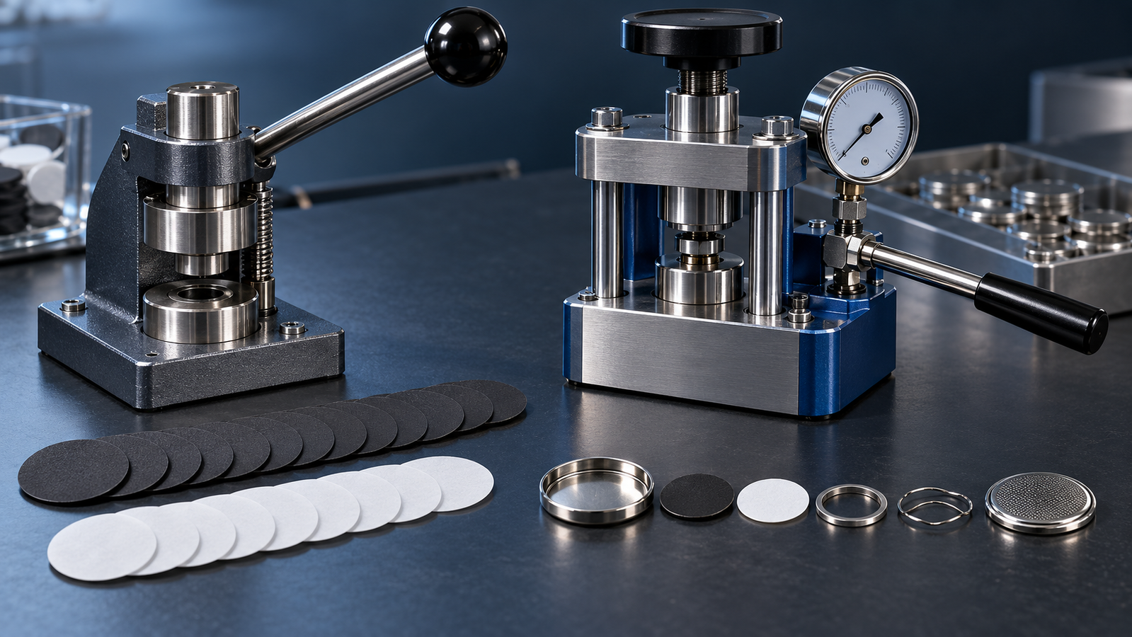 Battery bench tools: a hand-lever disc punch with punched electrode discs, a small coin-cell crimping press with a gauge, and an open CR2032 cell with its discs, spacer and spring