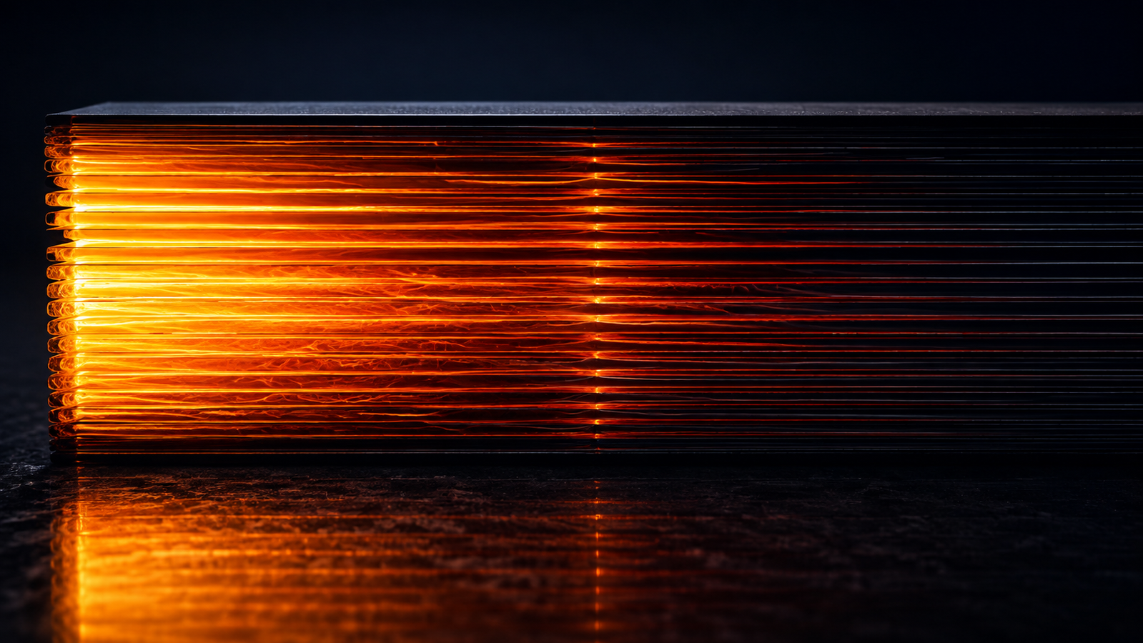 A dark layered cell rendered as a stack of ultra-thin luminous sheets in cross-section: along the layers, bright amber light races freely to the edges; across the stack, only a dim reluctant glow seeps from sheet to sheet — a jelly-roll of light with two very different speeds