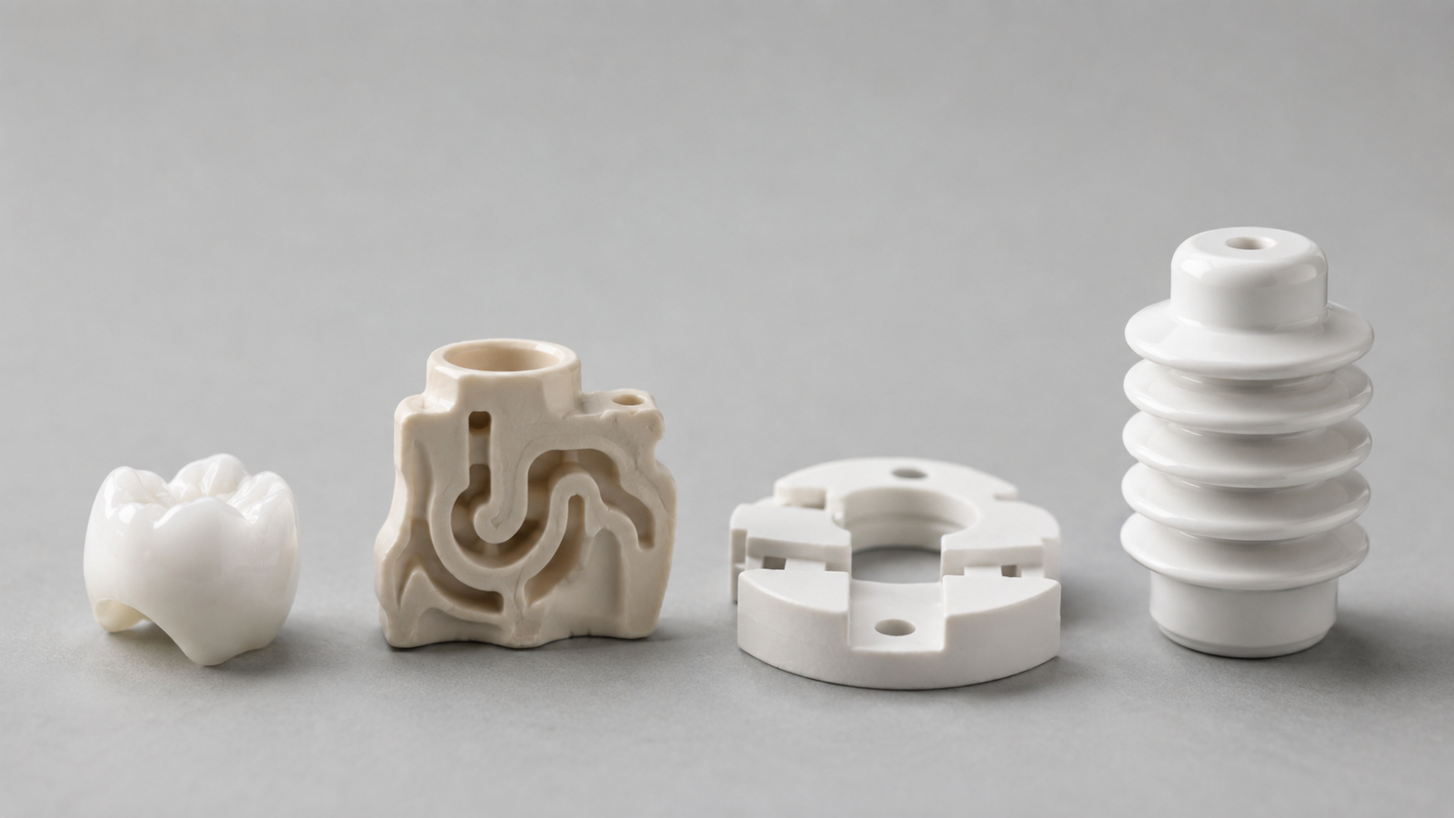 An array of small printed technical ceramic application parts on a light studio bench: a white zirconia dental crown coping, a cream investment-casting core with internal channels, a white alumina wafer-handling fixture, and a ribbed high-voltage insulator