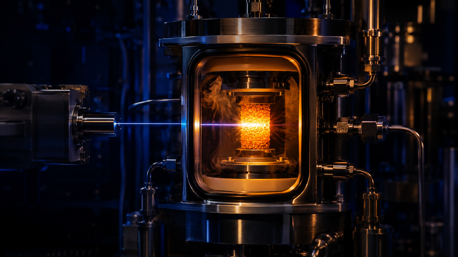 Heated reaction cell with gas inlet and outlet on an analytical instrument, catalyst bed glowing while a probe beam interrogates it