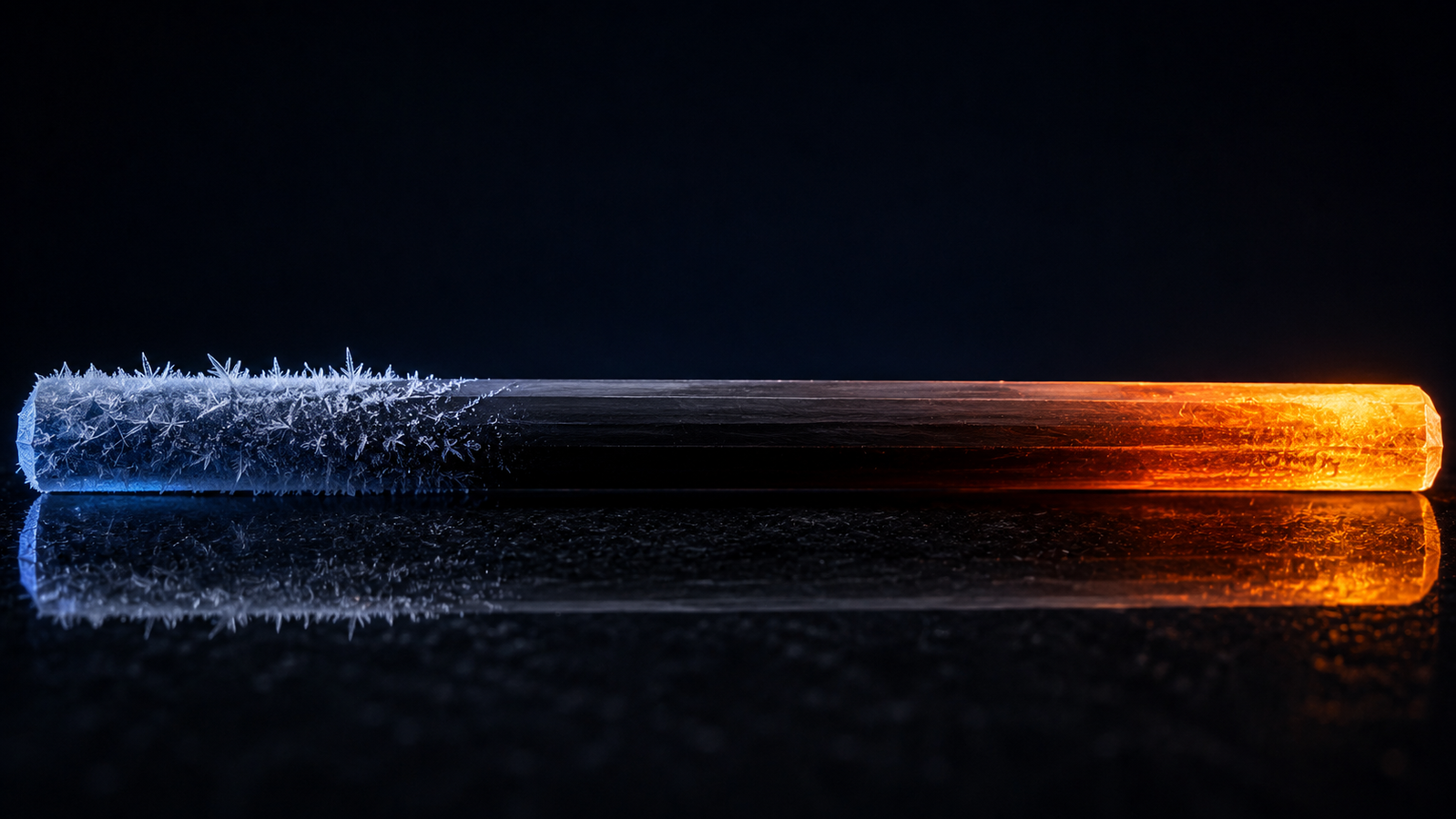A single specimen shown twice in one dark frame: on the left it is bathed in deep blue cryogenic light with frost-fine crystalline glints, on the right it glows fierce orange-white with heat haze rising — the same object living in two thermal worlds