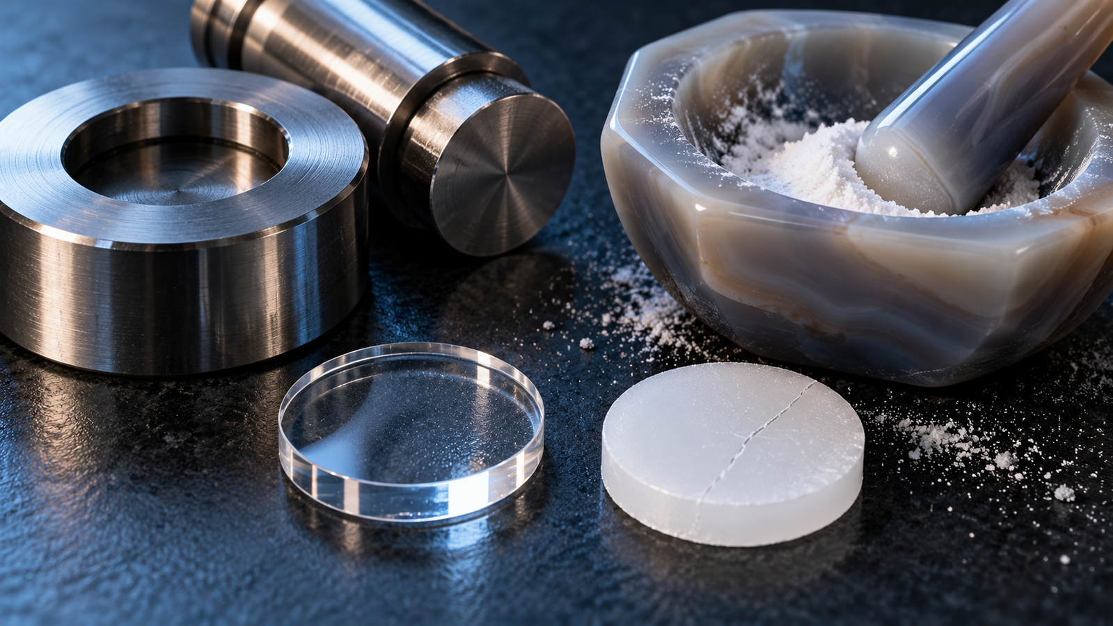 Two pressed potassium bromide discs on a dark surface under raking light, one glass-clear and one milky white with a hairline crack, beside an open 13 mm pellet die and an agate mortar