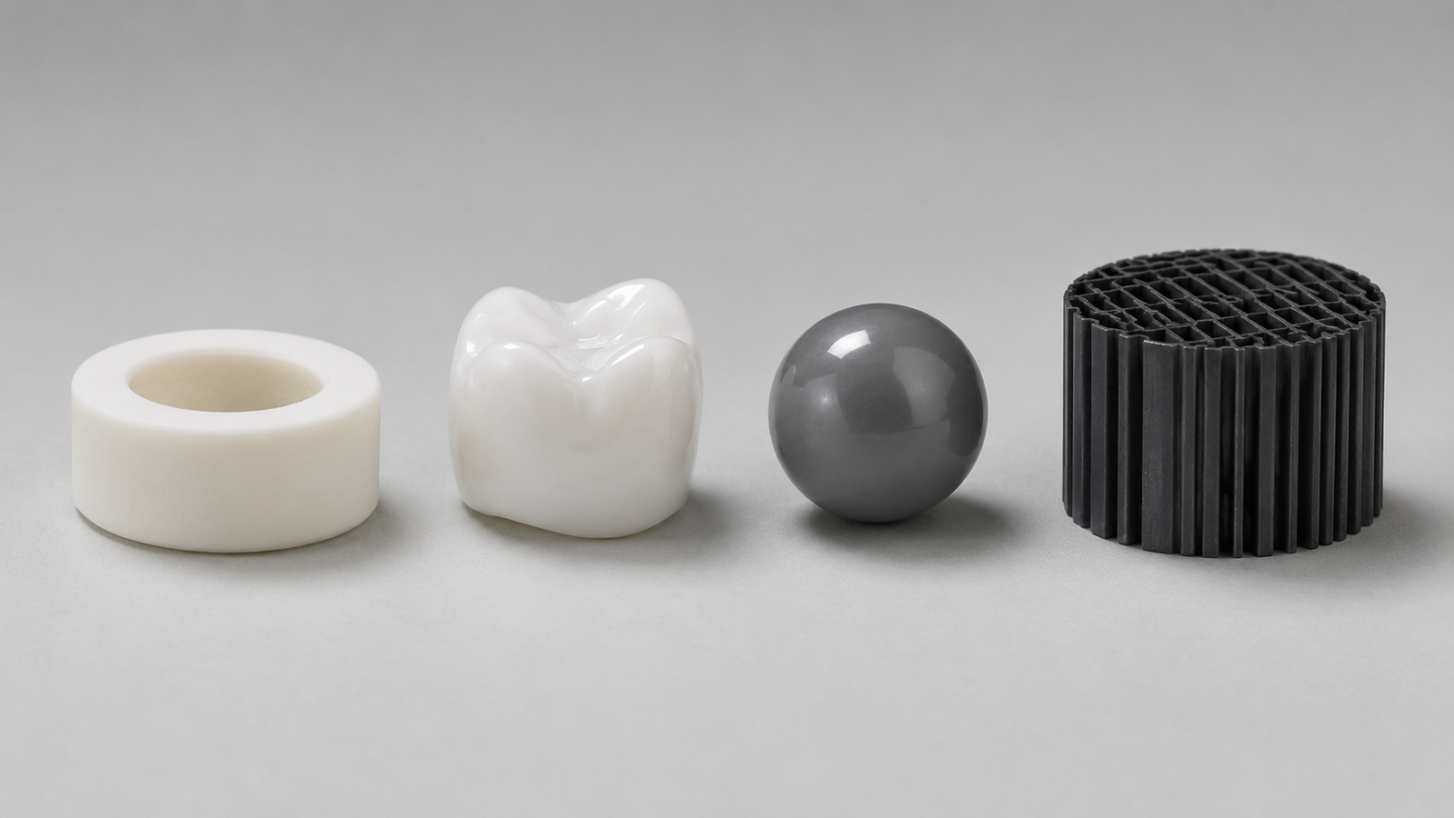 Four small technical ceramic components in a row on a light studio bench: an ivory-white alumina insulator ring, a bright white zirconia dental-style crown coping, a gray silicon nitride bearing ball, and a dark charcoal silicon carbide heat-exchanger element