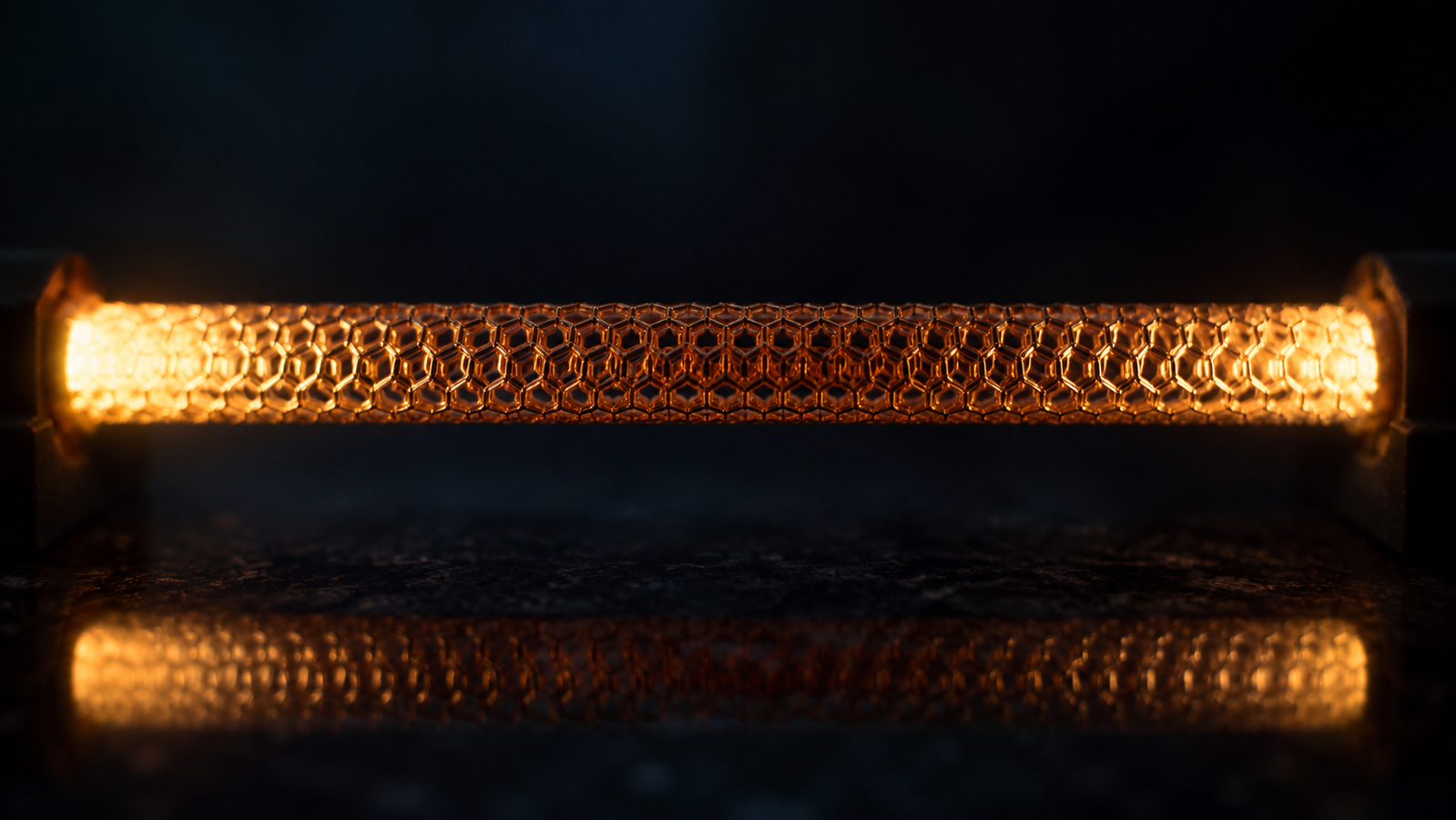 A single luminous nanotube rendered as a slender glowing lattice cylinder stretched across a dark void between two faint island platforms, a river of warm light streaming through its length almost without fading — heat traveling a molecular wire nearly untouched