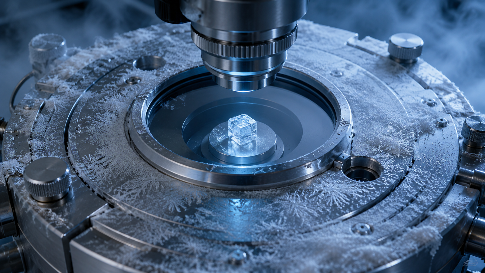 Clear viewing window, under dry purge, of a liquid nitrogen cooled microscope stage revealing a crystalline sample at deep cryogenic temperature
