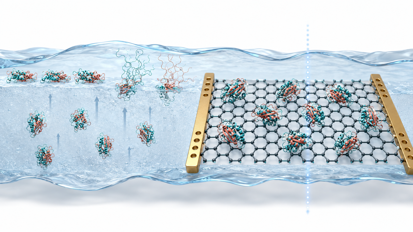 Cross-section illustration of graphene grids for cryo-EM: proteins unfolding at the air-water interface versus adsorbing intact on a graphene support