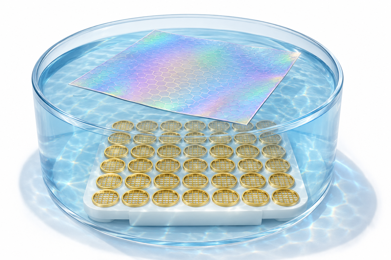 Illustration of gold cryo-EM grids arrayed beneath a floating PMMA-supported graphene film during batch graphene grid preparation