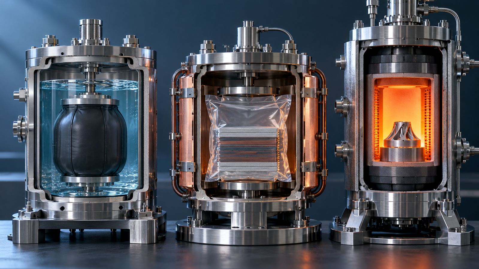 Cutaway views of three isostatic pressing vessels: a liquid-filled cold chamber with a rubber mold, a heated liquid-filled chamber with a bagged laminate, and a gas vessel with a furnace around a metal part