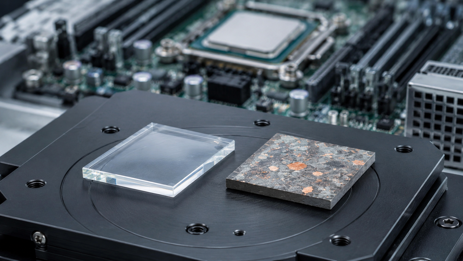 A translucent synthetic diamond plate and a copper-matrix composite tile positioned above a processor package on an assembly bench