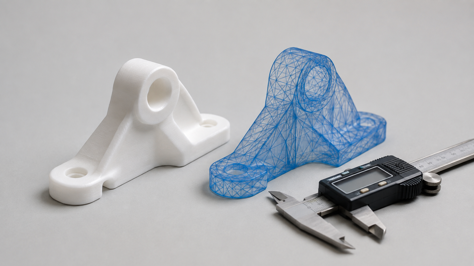 White mechanical bracket as a solid 3D printed part beside the same geometry rendered as a translucent blue triangulated wireframe mesh, with digital calipers alongside