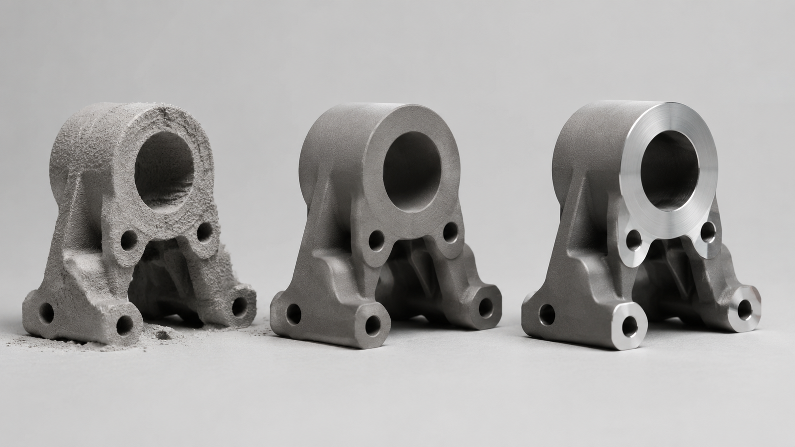 Metal 3D printed parts at three post-processing stages: powder-covered as-built, uniformly bead-blasted matte, and finish-machined with a bright face