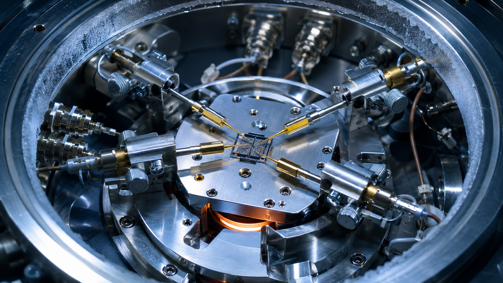 In-situ electrical probe stage with four micropositioned probe tips contacting a sample inside a temperature-controlled chamber under a microscope