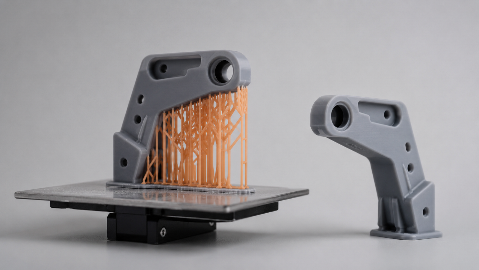 Gray resin 3D printed bracket on a build platform with orange tree-style supports under its overhangs, beside the same part cleaned of supports
