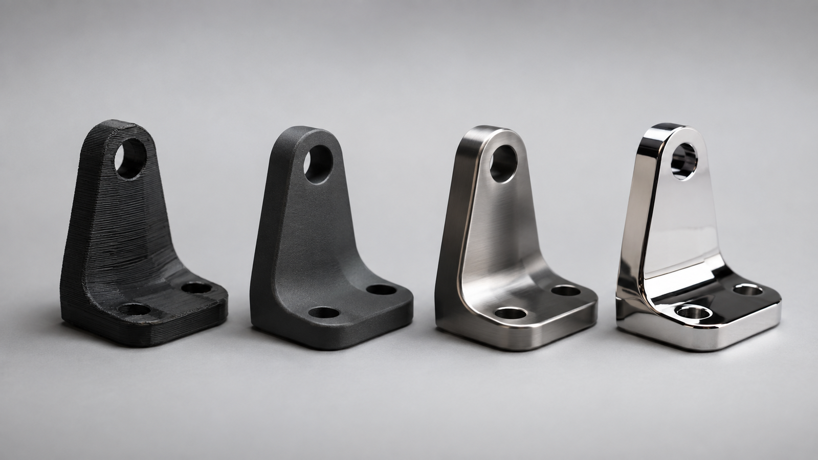3D printing surface finish comparison: the same bracket shown as-printed with visible layer texture, bead-blasted matte, machined, and polished to a near-mirror face