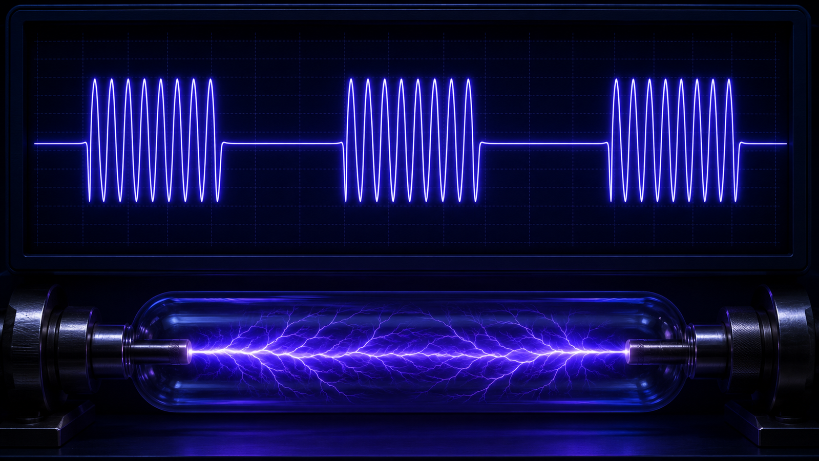 Medium-frequency carrier waveform gated by a slower burst-modulation envelope