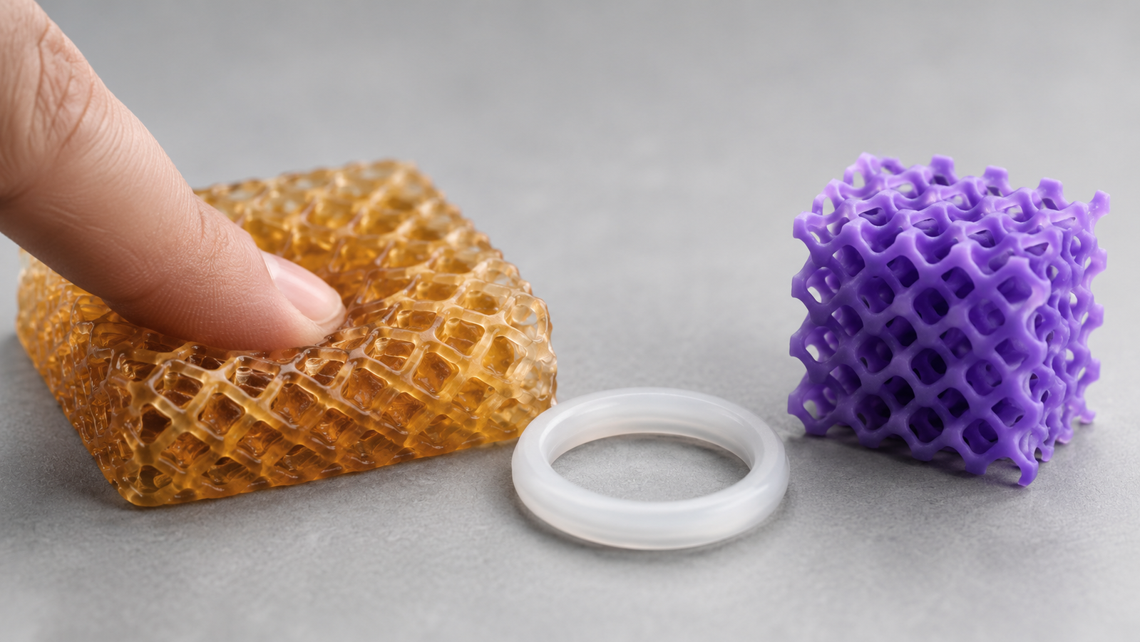 Three flexible 3D printed parts on a light studio bench: a translucent amber TPU lattice pad being compressed by a fingertip, a soft white silicone seal ring, and a fine violet photopolymer elastomer gyroid lattice cube, each showing a different flexible material character