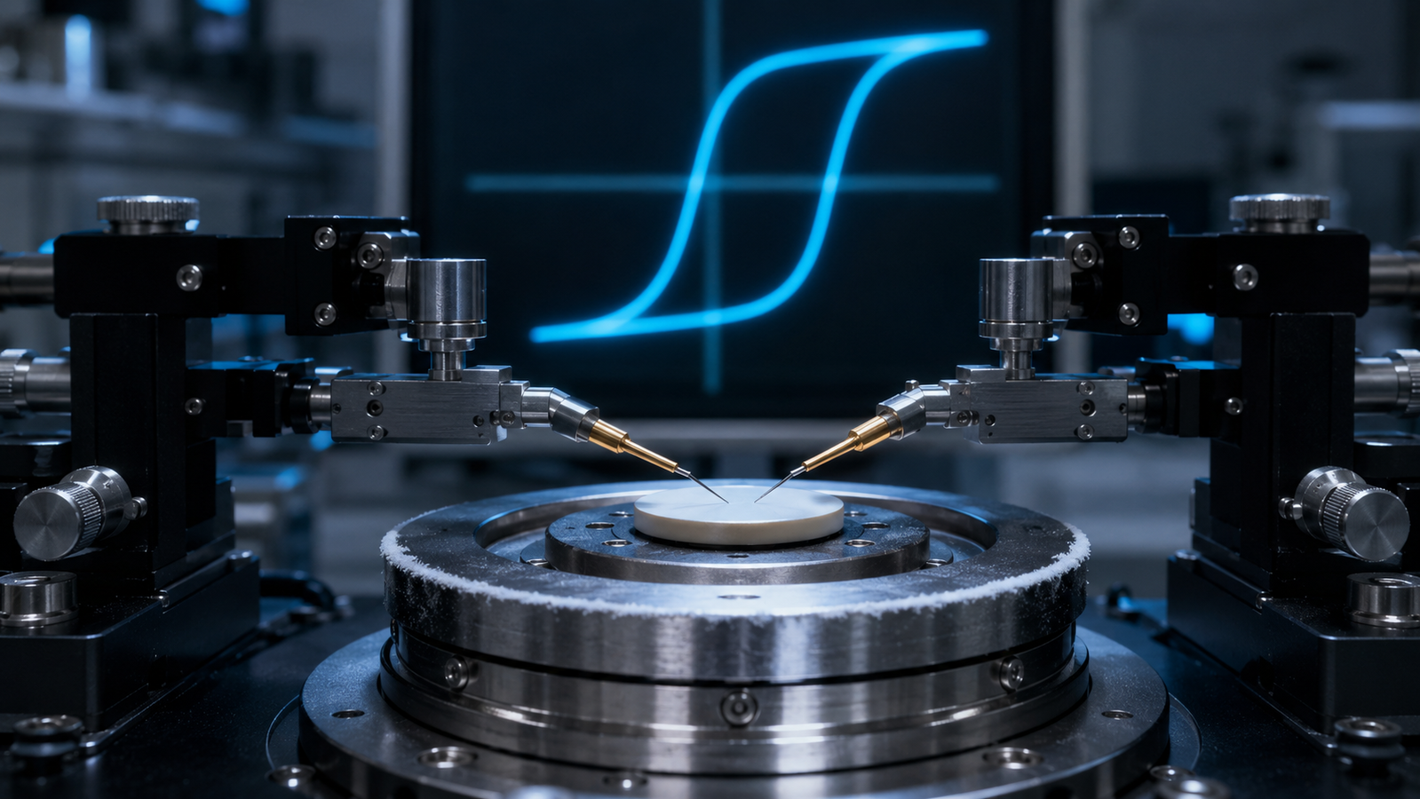 Ferroelectric hysteresis loop displayed above a temperature-controlled probe stage with two probes landed on a poled ceramic sample