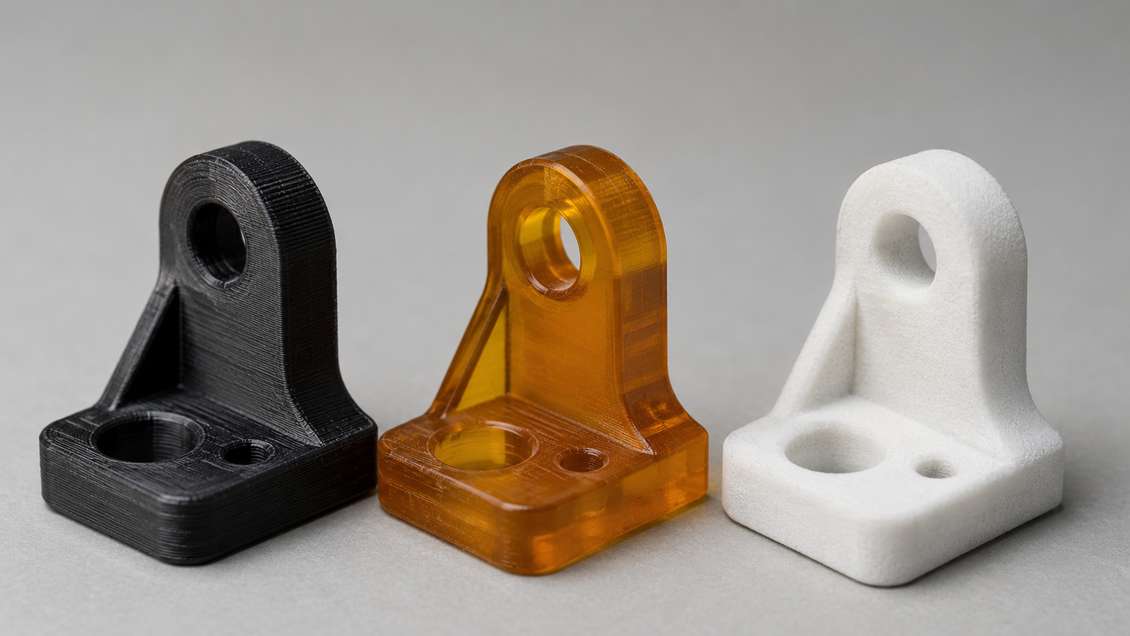 Three versions of a small mechanical bracket side by side on a studio bench: a matte black FDM print with visible layer lines, a glossy translucent amber SLA resin print with fine smooth detail, and a powdery matte white SLS nylon print, each lit to show its characteristic surface