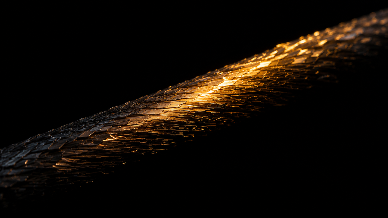 A single lustrous dark fiber running diagonally through blackness, its surface built of countless microscopic aligned platelets catching a golden sheen along the axis
