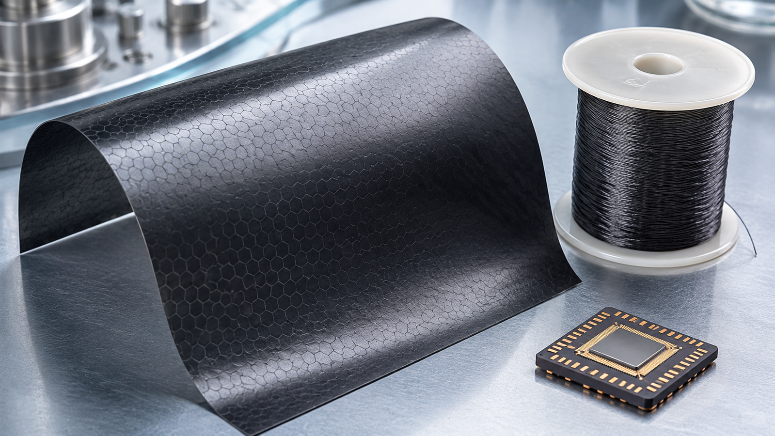 A flexible dark graphene film sheet gently curved on a lab bench beside a spool of graphene fiber and a chip package