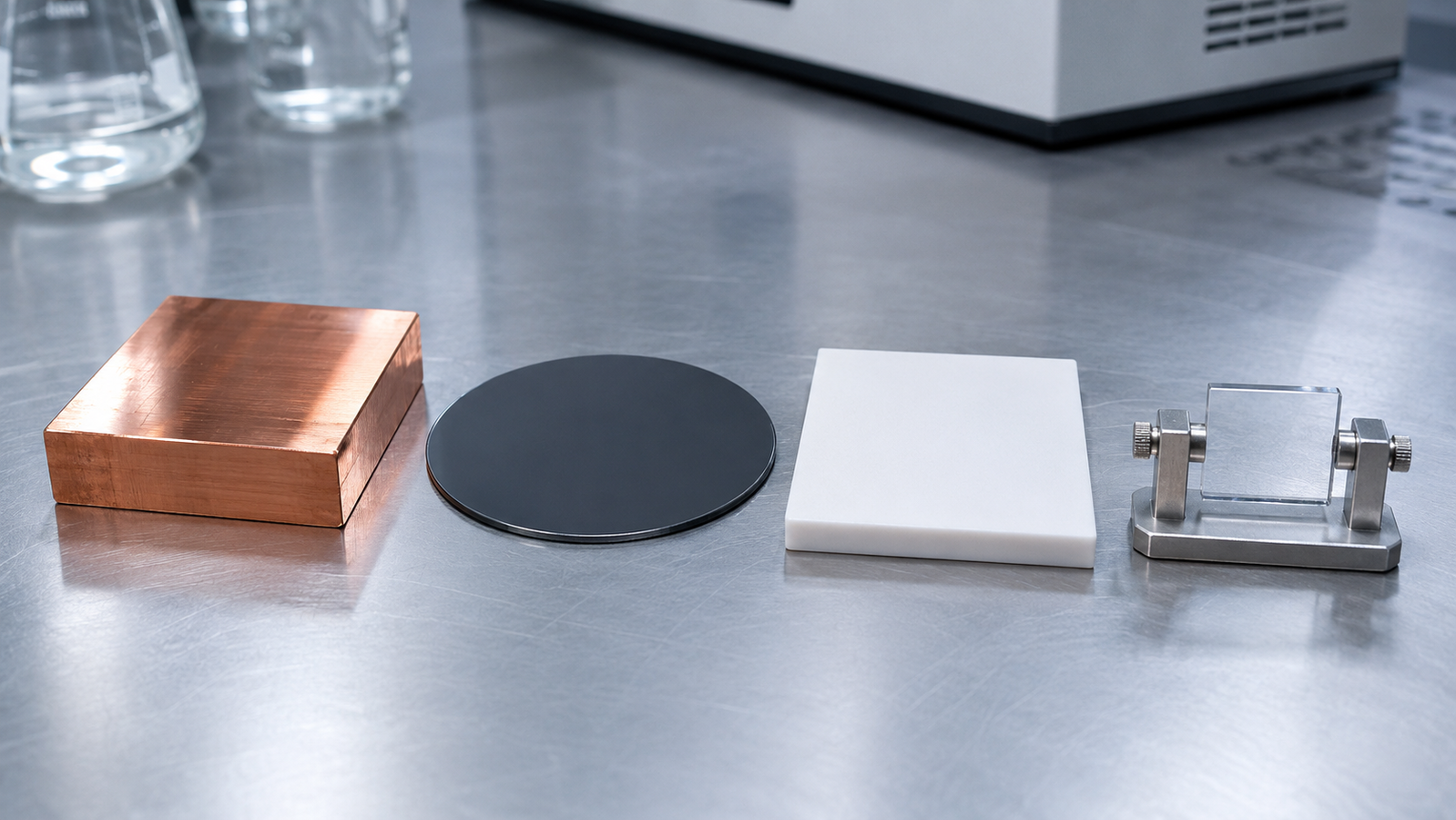 A row of semiconductor and heat-spreading material samples - copper block, silicon carbide wafer, aluminum nitride ceramic and a diamond plate - laid out on a laboratory bench