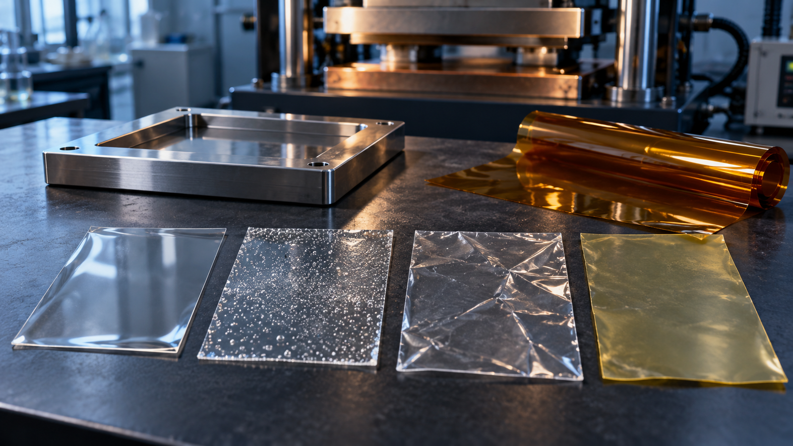 Four thin polymer films pressed between heated platens laid on a dark bench: one clear and flat, one with small bubbles, one creased, and one slightly yellowed, beside a polished steel frame mold and a sheet of brown polyimide release film