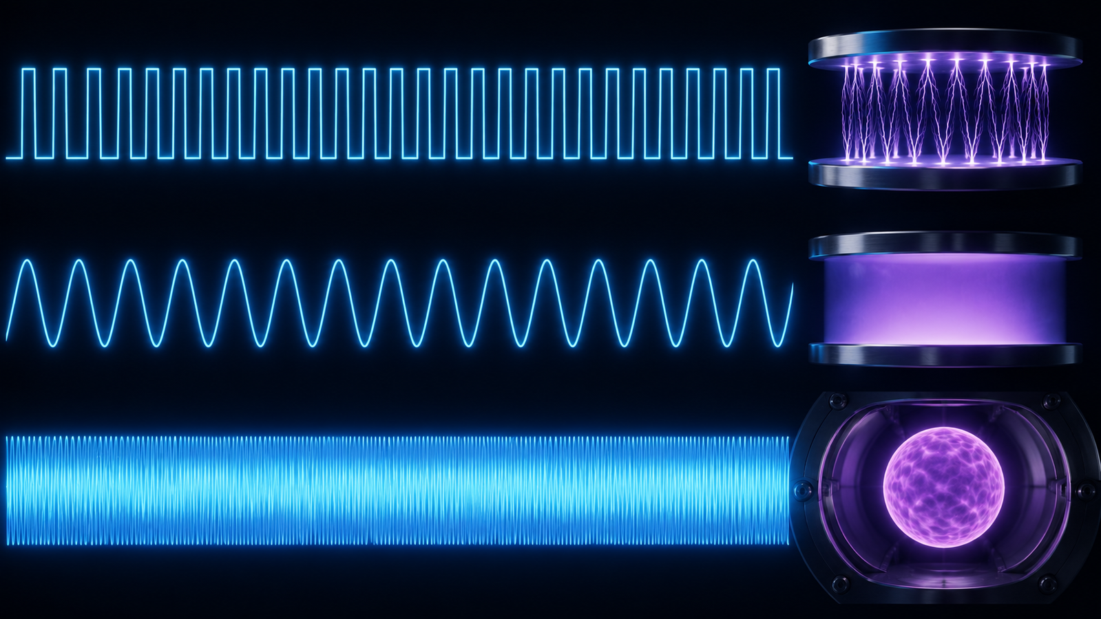 Three plasma excitation waveforms compared: a train of narrow microsecond high-voltage pulses, a 13.56 MHz radio-frequency sine, and a dense 2.45 GHz microwave oscillation, each above its characteristic discharge