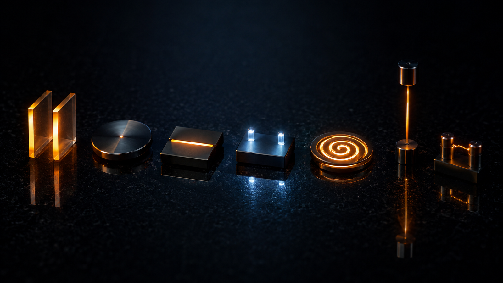 Seven small islands of instrument light arranged in an arc across a dark studio void — a glowing guarded plate stack, a flashed disc, a hair-thin heater line, twin laser spots, a spiral sensor, a suspended glowing wire, a microscopic bridge — each casting its own pool of amber and blue light, one family portrait of every way heat is measured