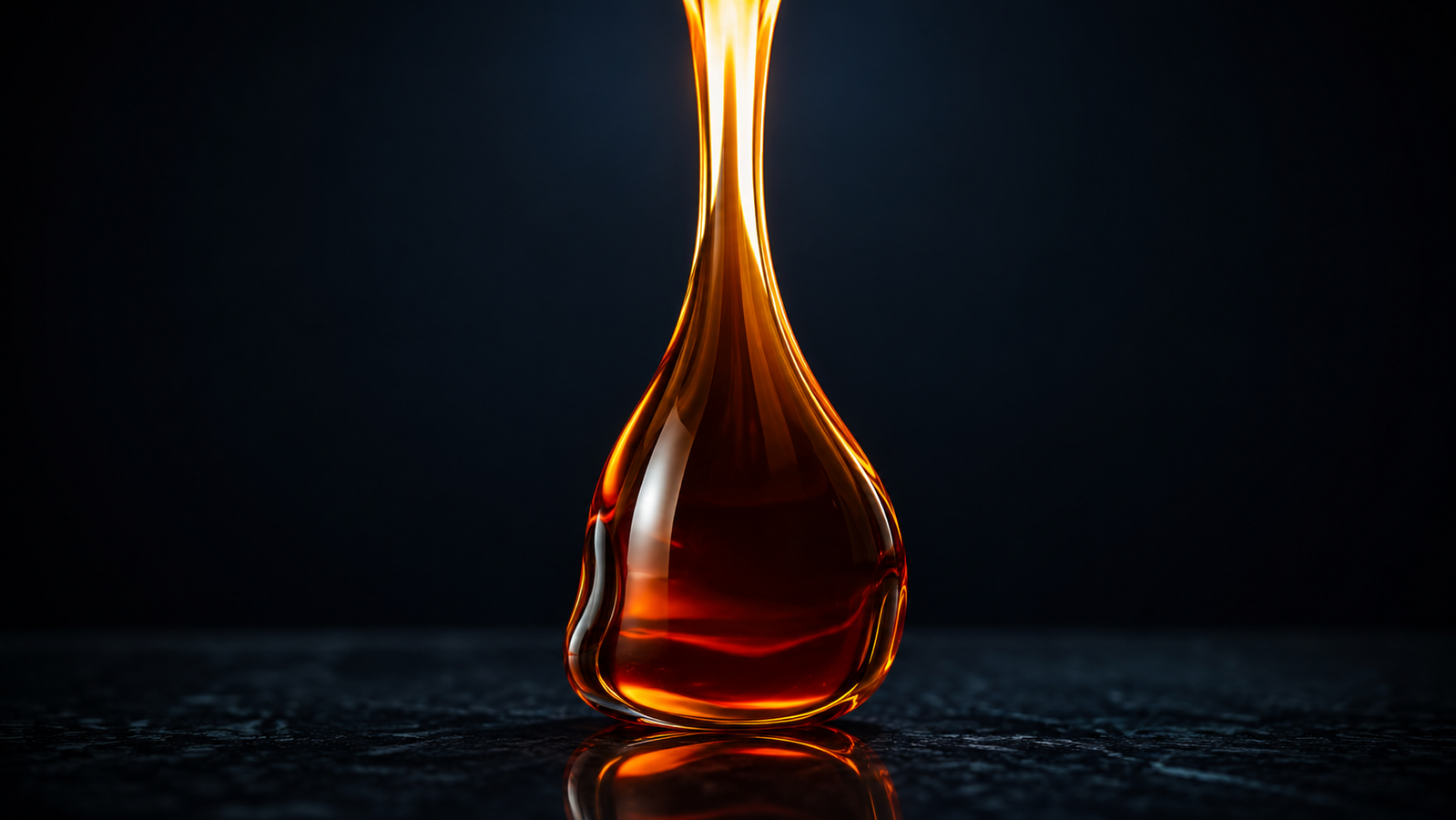 A slender rotor suspended on twin filaments descending into a crucible of incandescent liquid, the melt glowing amber-white around it and a single faint spiral of shear visible in the luminous fluid — rotation and resistance rendered as light