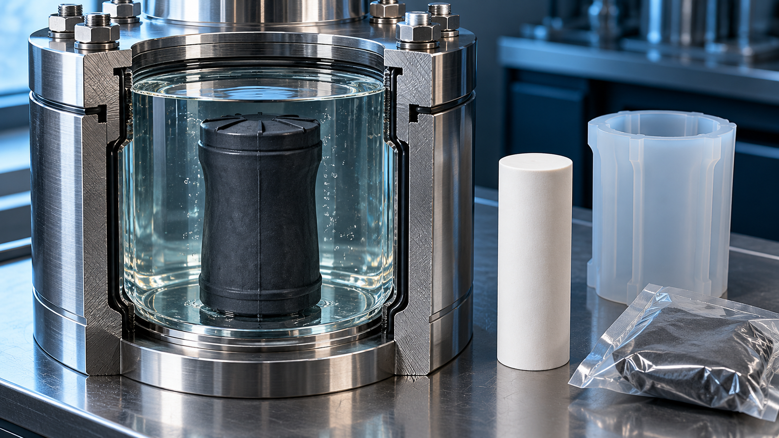 A cutaway steel isostatic pressure chamber filled with clear liquid holding a sealed dark rubber mold, beside a white pressed ceramic rod, an empty silicone mold and a sealed bag on a lab bench