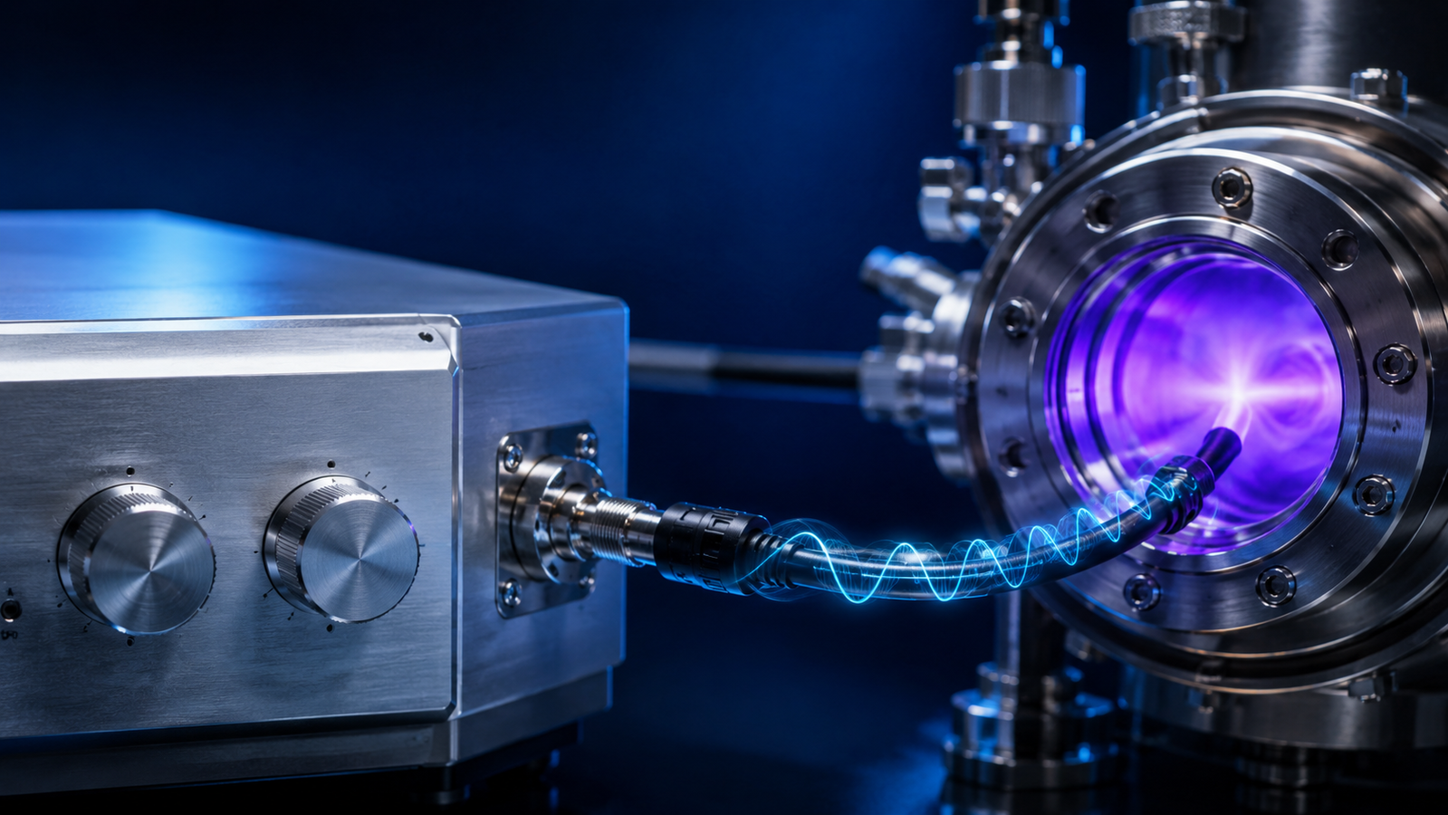 Split illustration of an RF matching network with tuning capacitors on one side and a glowing plasma chamber on the other, connected by a transmission line carrying a standing wave