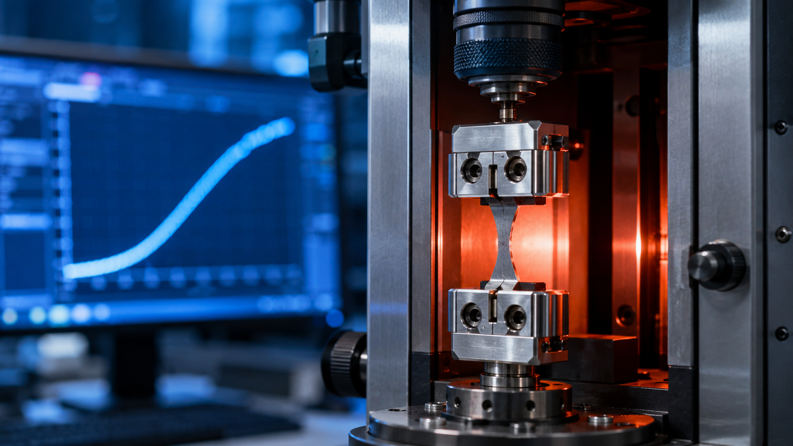 Desktop tensile stage with a dogbone specimen between grips under a microscope objective, stress-strain curves at two temperatures on a screen