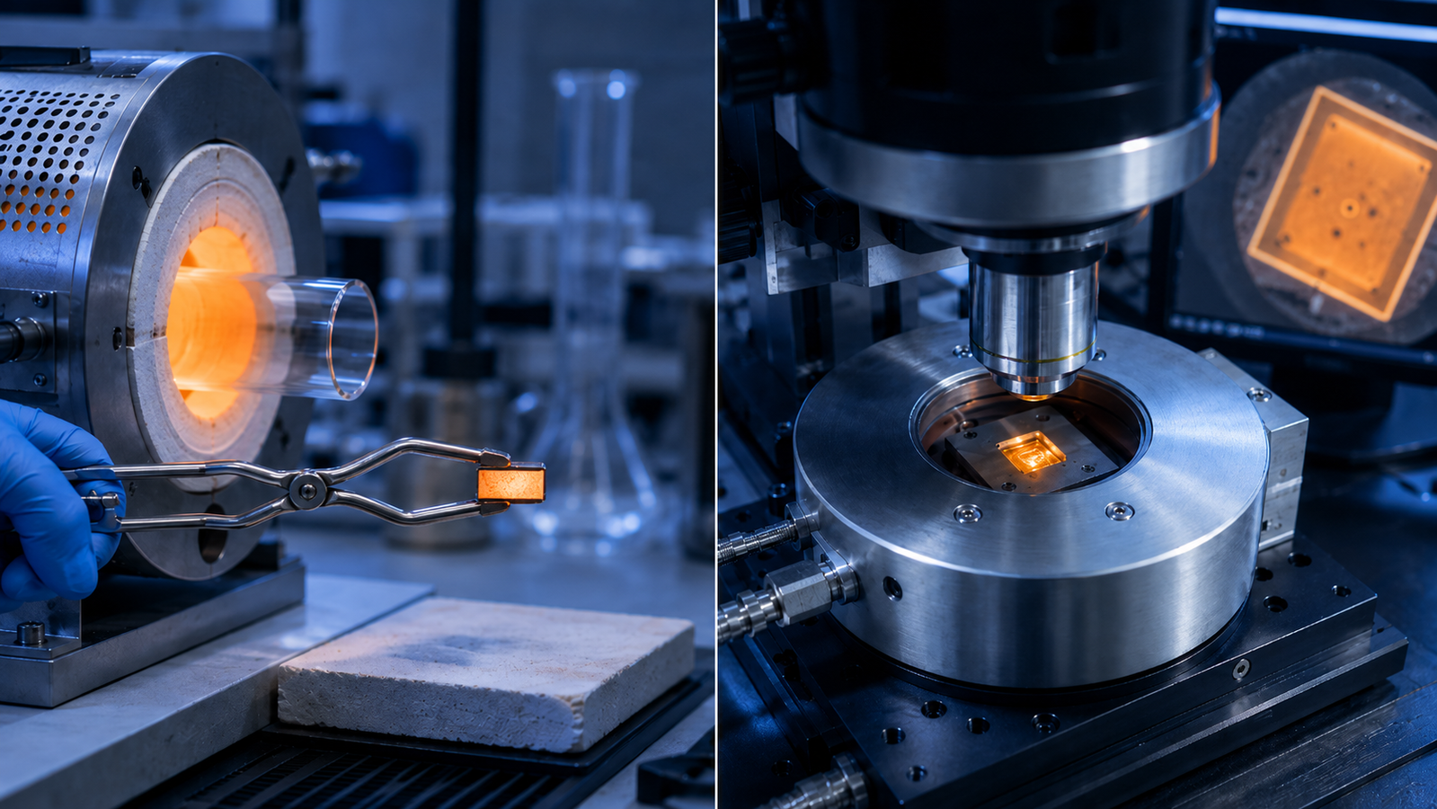 Split scene comparing ex-situ workflow of furnace, transfer and microscope with in-situ workflow of a heated stage directly under the objective