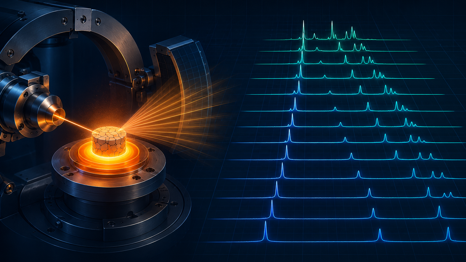 Illustration of an in-situ X-ray diffraction experiment: a sample on a heating stage inside a diffractometer, with a series of diffraction patterns fanning out to show peaks shifting and splitting as temperature rises